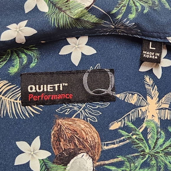 QUIETI‎ Hawaiian Button Shirt Large Coconut Palm Tree Vacation Resort Beach - Picture 2 of 11